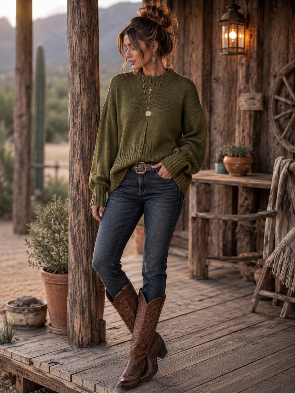 Oversized Olive Ribbed Crewneck Sweater